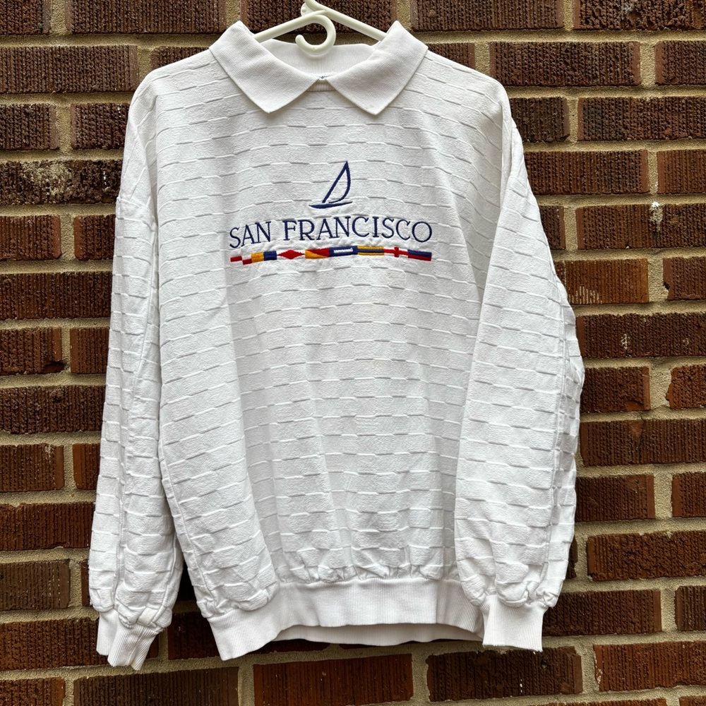 Vintage Crazy Shirts Sz L San Francisco Textured Knit White Sweatshirt Collared